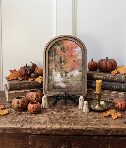 Handcrafted Retro 8" Arch Top Halloween Ghosts in Fall Trees Framed Art