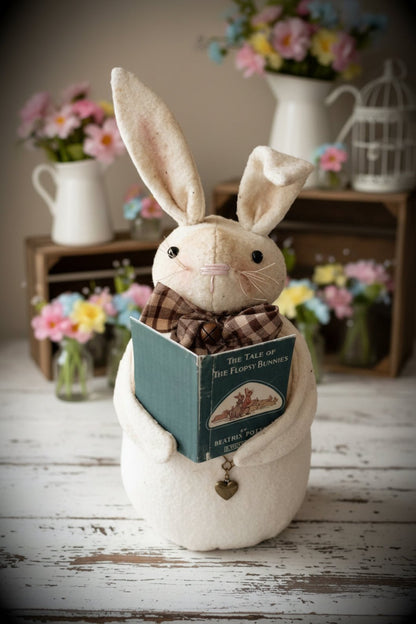 Primitive Spring Easter Handmade Flopsy Bunny Rabbit w/ Book Doll 12" - The Primitive Pineapple Collection