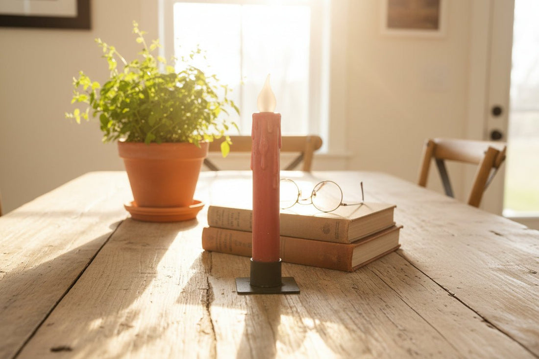 Primitive/Country Red 7" Battery Operated Flameless Taper Candle W/ Timer - The Primitive Pineapple Collection