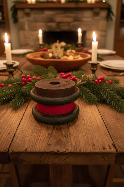 Primitive Christmas Wood Spool w/ Christmas Ribbon - The Primitive Pineapple Collection