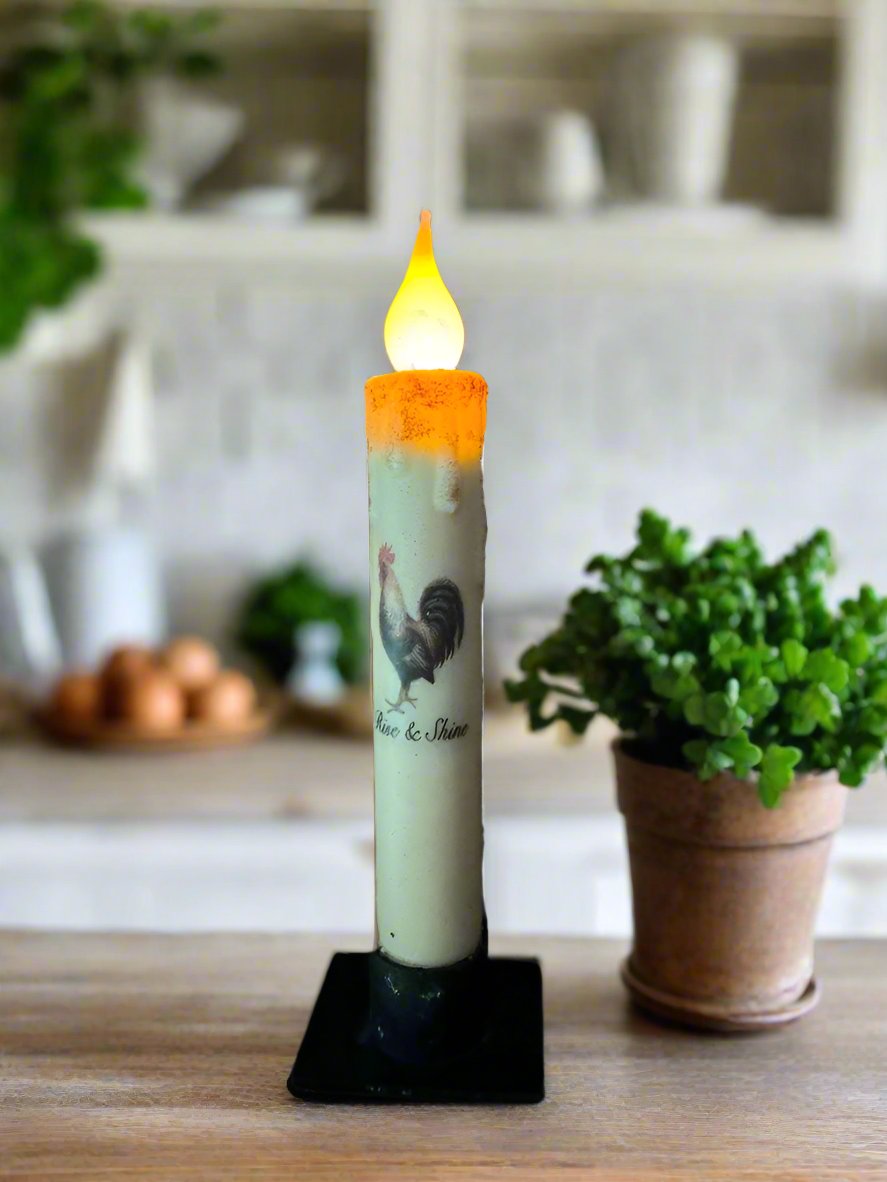 Primitive Handcrafted 7&quot; Rooster Rise and Shine Battery Operated Led Timer Taper Candle