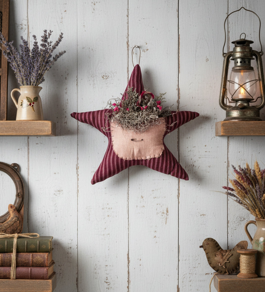 Primitive Christmas Red Ticking Star with Candy Cane 11"