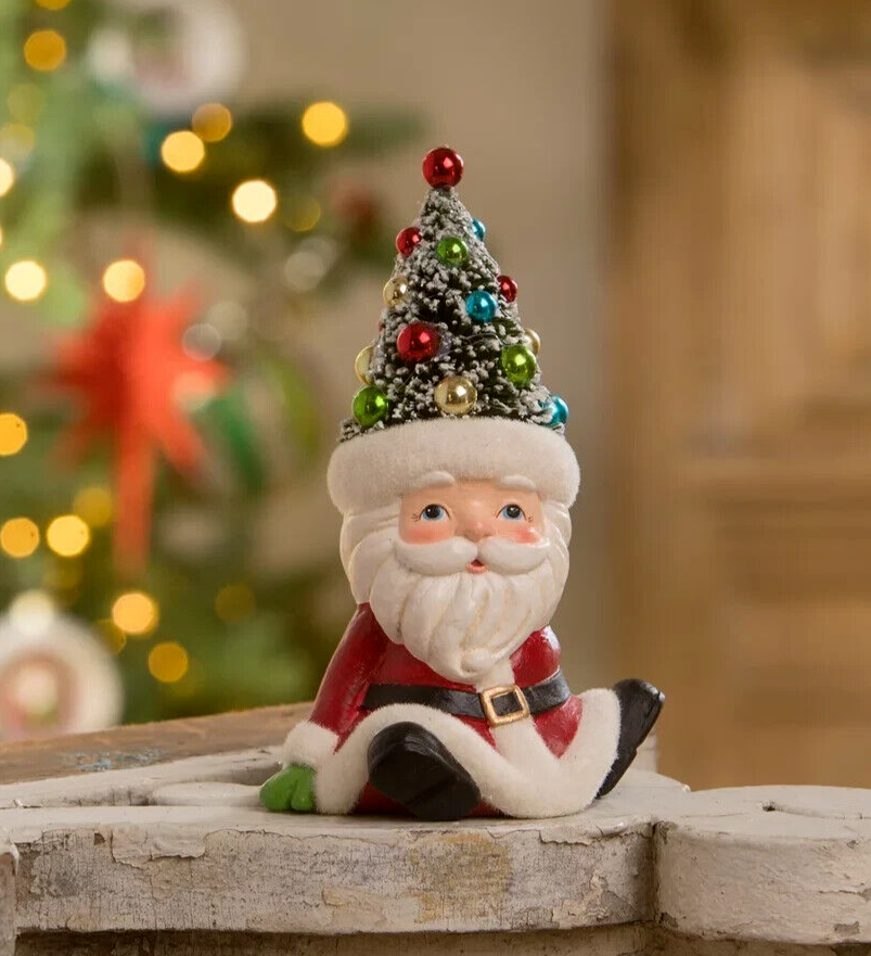 Bethany Lowe Christmas Retro Seated Santa w/ Candy Cane Bottle Brush Tree Hat TL2371