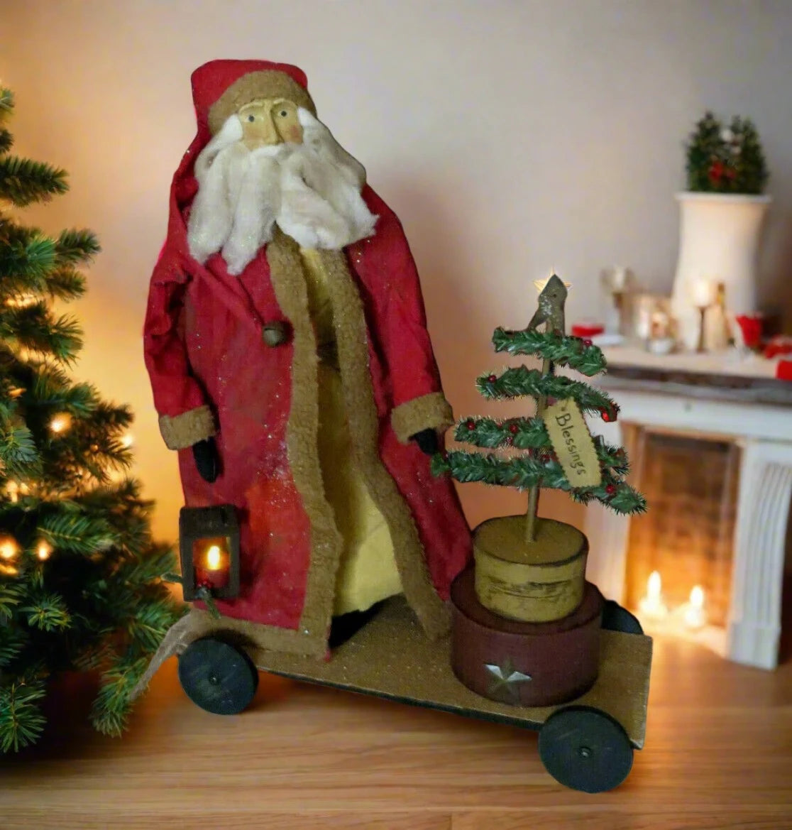 Primitive Christmas Blessings Santa w/ Feather Tree and Nesting Boxes on Cart 26&quot;