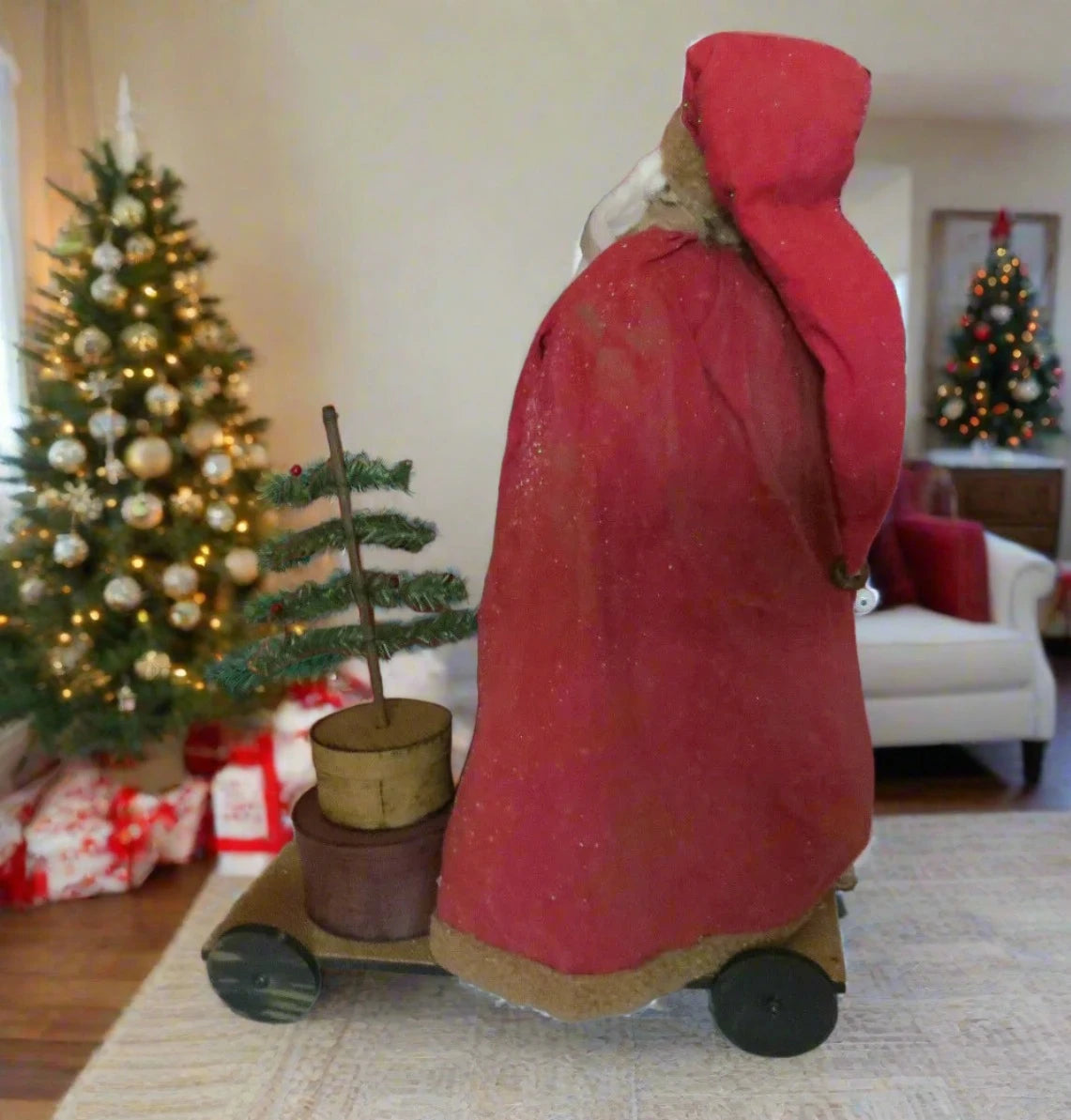 Primitive Christmas Blessings Santa w/ Feather Tree and Nesting Boxes on Cart 26&quot;