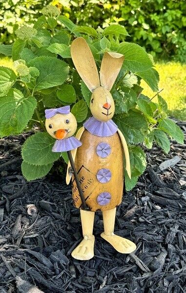 Primitive Spring Easter Recycled Metal Clover Bunny with Baby Chick Figurine 14&quot;