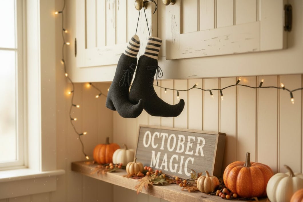 Primitive Halloween Canvas Hanging Witch Boots 6” x 8" - The Primitive Pineapple Collection