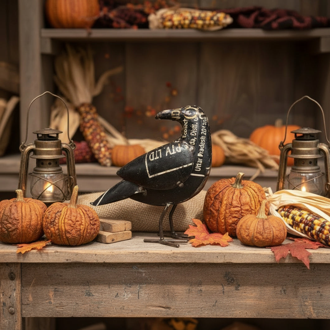 Primitive Halloween Fall Recycled Metal Rear Facing Black Crow 9.5"