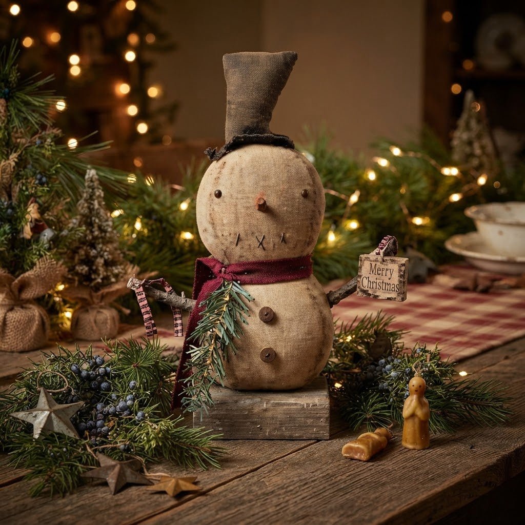 Sam Snowman with Merry Christmas Block | 13" Handmade Folk Art - The Primitive Pineapple Collection
