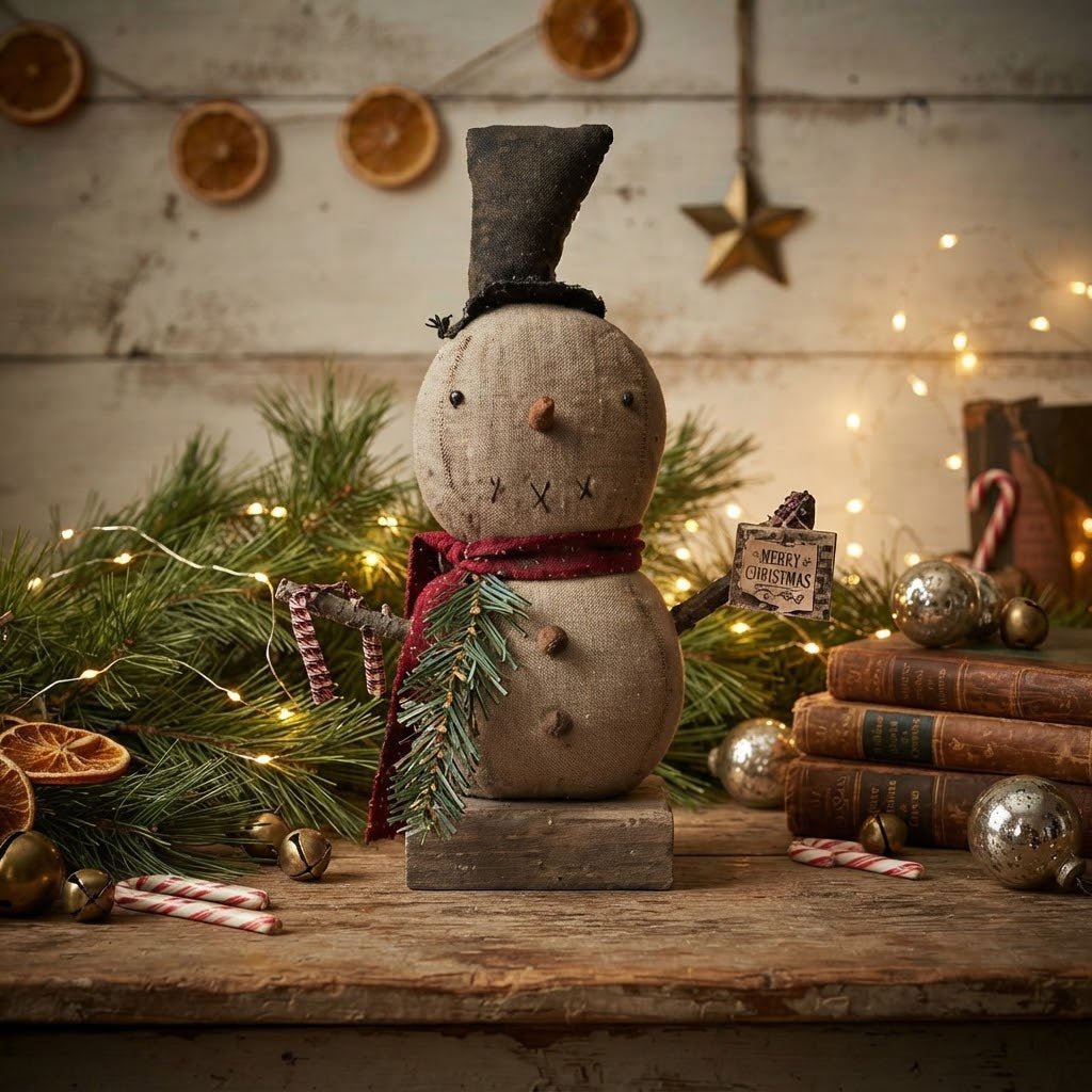 Sam Snowman with Merry Christmas Block | 13" Handmade Folk Art - The Primitive Pineapple Collection