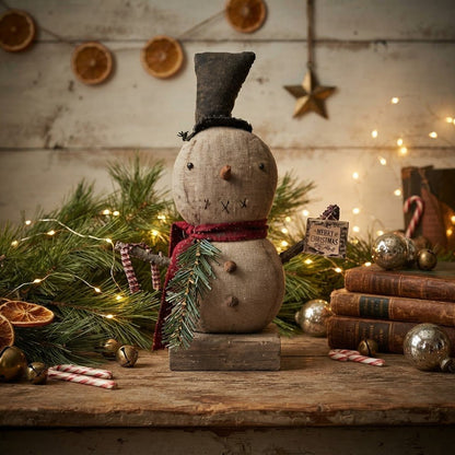 Sam Snowman with Merry Christmas Block | 13" Handmade Folk Art - The Primitive Pineapple Collection