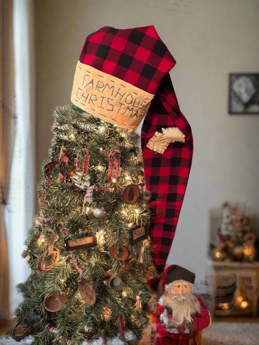 Primitive Handcrafted 36&quot; Buffalo Plaid Farmhouse Christmas Santa Hat Tree Topper - The Primitive Pineapple Collection