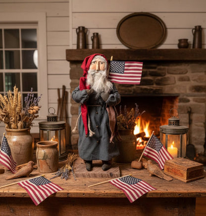 Handcrafted by Michelle Early American Blue Suit USA Santa Flag Clay Face Doll Stand 21" - The Primitive Pineapple Collection
