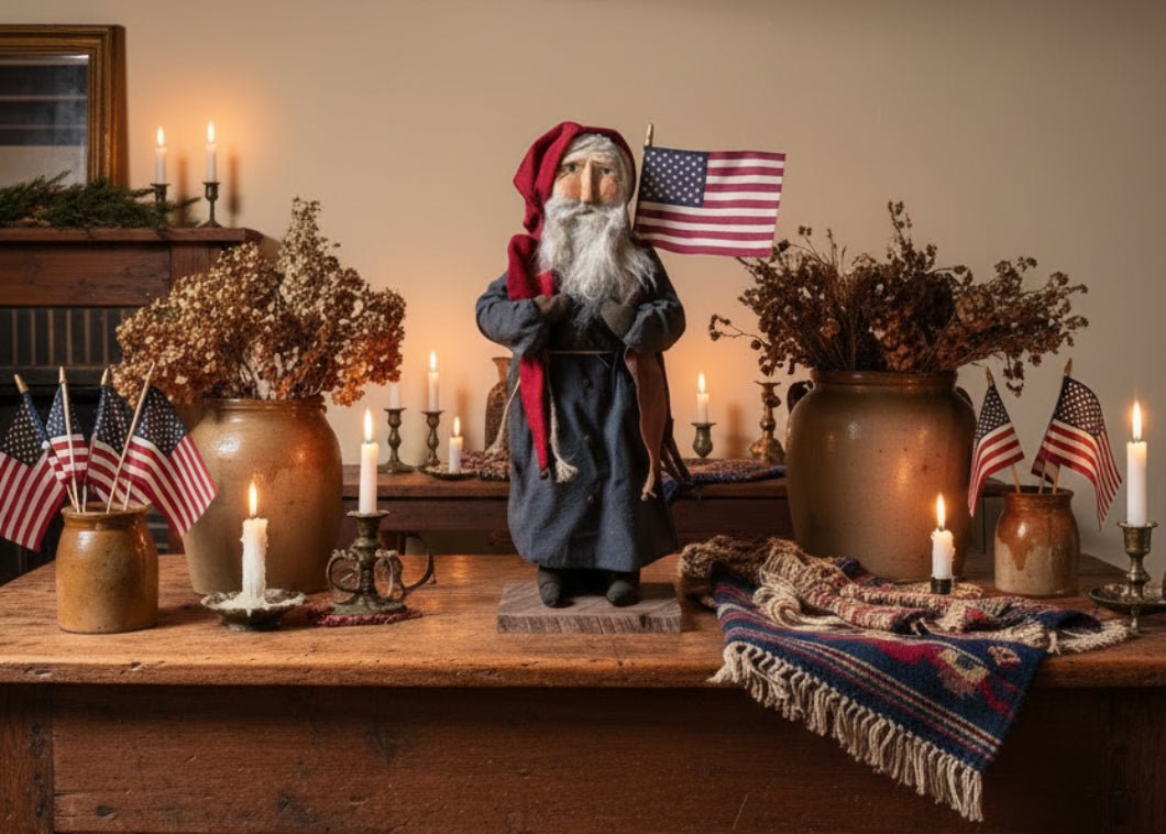 Handcrafted by Michelle Early American Blue Suit USA Santa Flag Clay Face Doll Stand 21" - The Primitive Pineapple Collection
