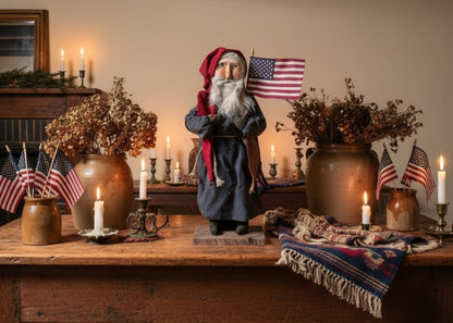 Handcrafted by Michelle Early American Blue Suit USA Santa Flag Clay Face Doll Stand 21" - The Primitive Pineapple Collection