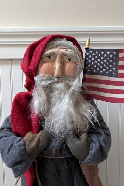 Handcrafted by Michelle Early American Blue Suit USA Santa Flag Clay Face Doll Stand 21" - The Primitive Pineapple Collection
