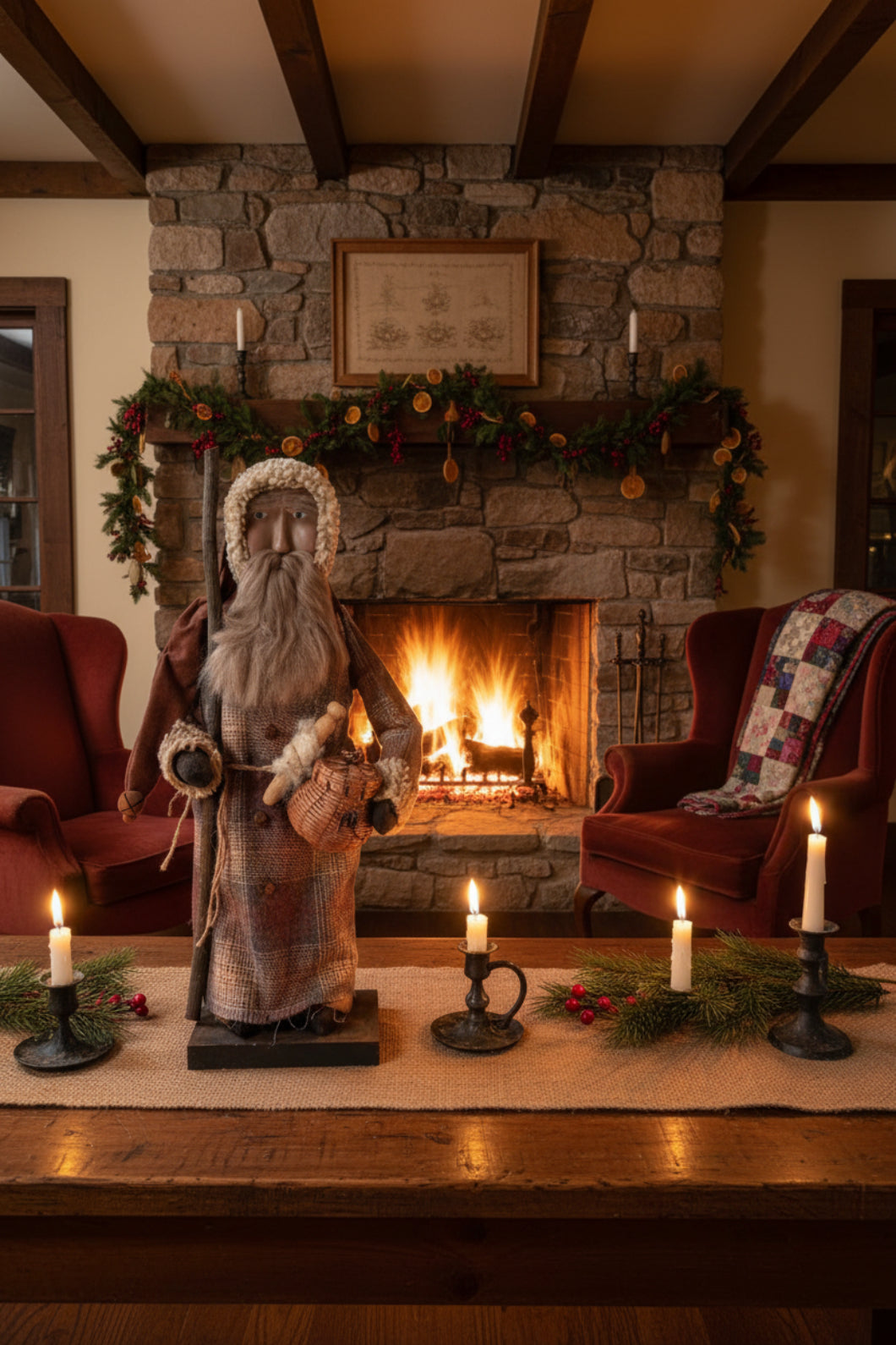 Primitive Christmas One of a Kind Hand Sculpted Clay Face Santa w/ Basket 20 "