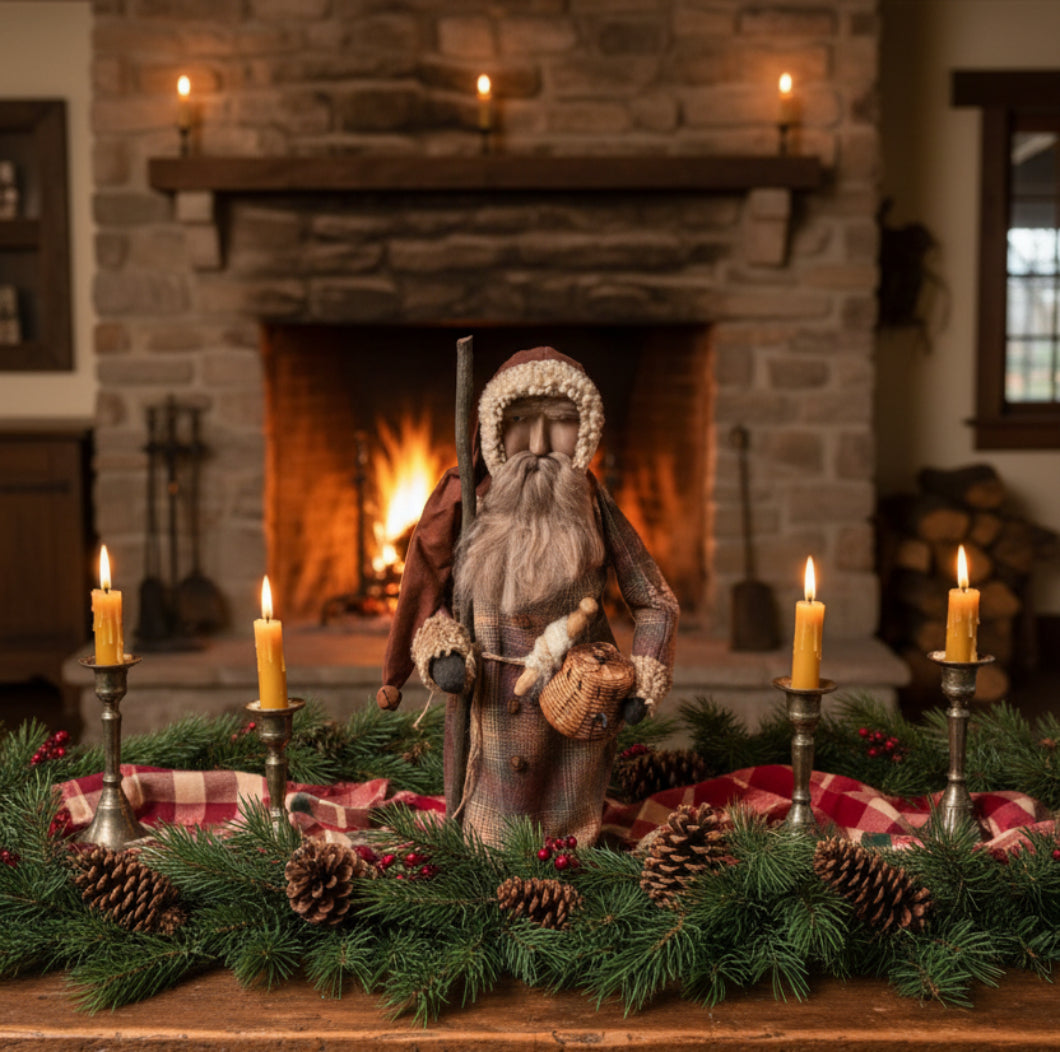Primitive Christmas One of a Kind Hand Sculpted Clay Face Santa w/ Basket 20 "