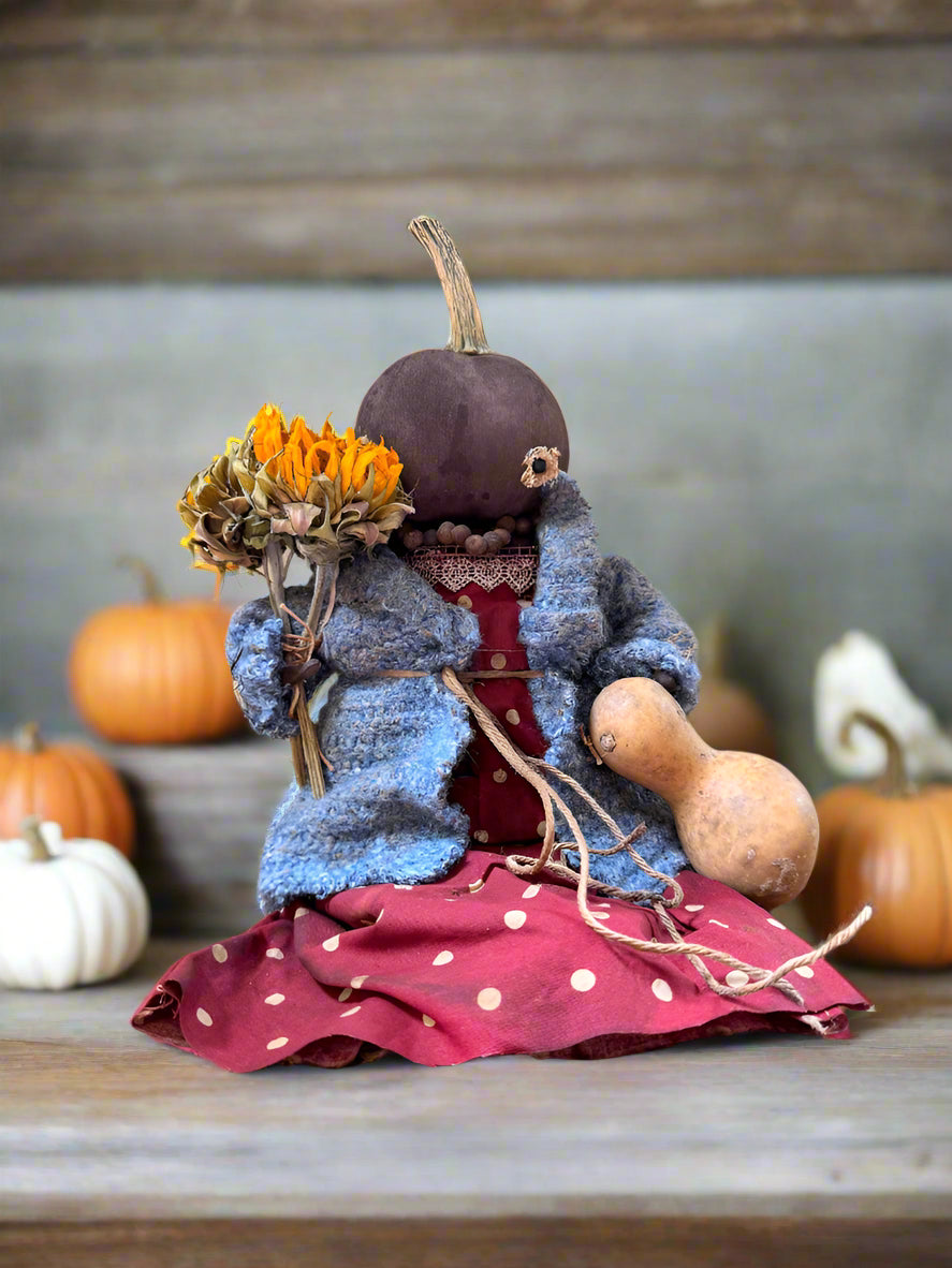 Primitive Handcrafted Pumpkin Doll Sarah w/ Gourd 12&quot;