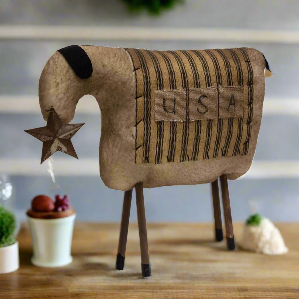 Primitive Farmhouse 9.5" USA Fabric Sheep With Star Shelf Sitter - The Primitive Pineapple Collection