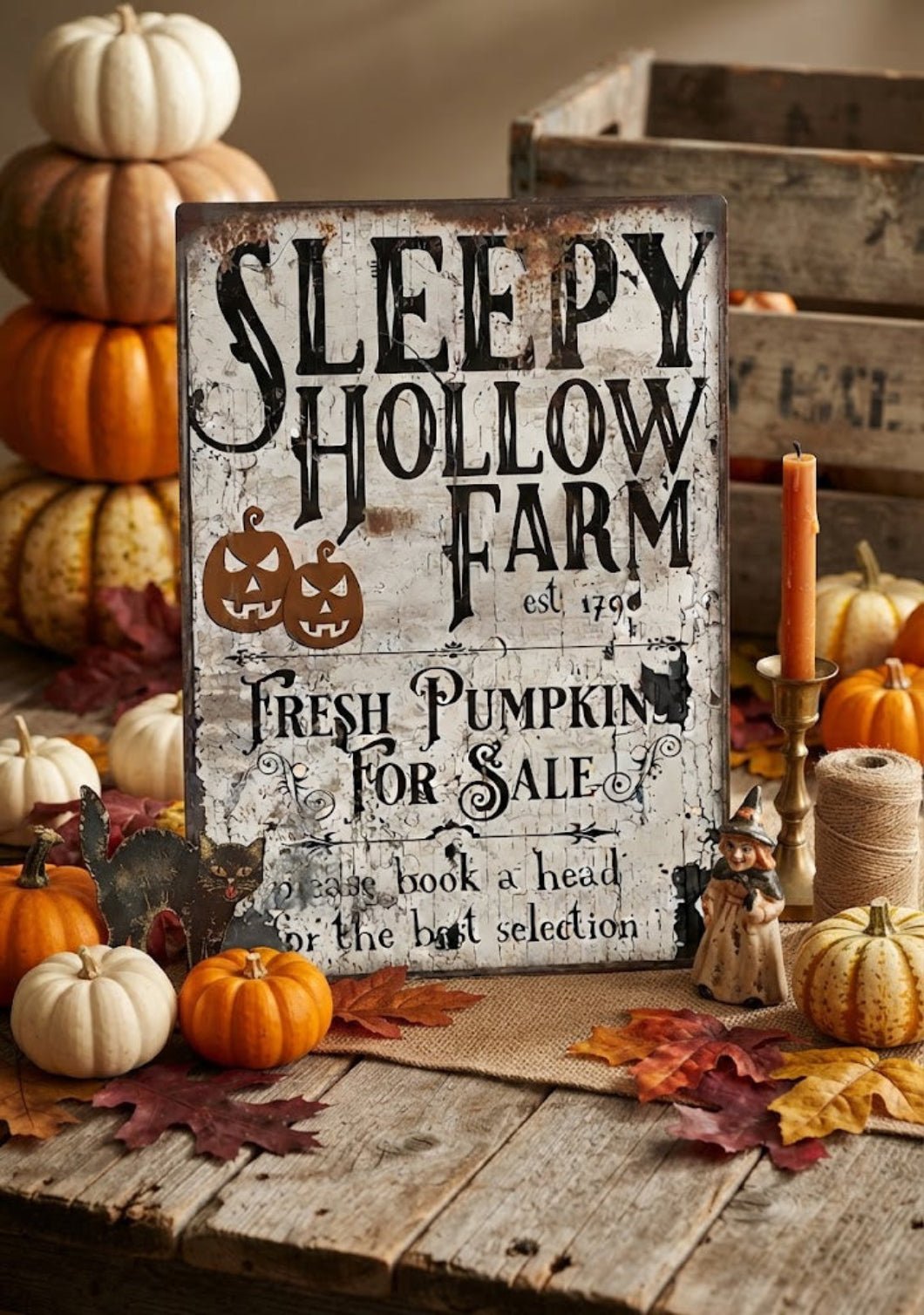 Primitive Sleepy Hollow Farm Halloween 8x12 Metal Sign - The Primitive Pineapple Collection