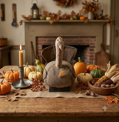 Primitive Handcrafted Thanksgiving Sitting Turkey 10" | Folk Art