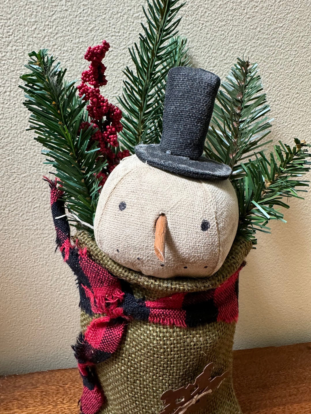 Primitive Handcrafted Christmas 9&quot; Snowman Head in Green Burlap Bag