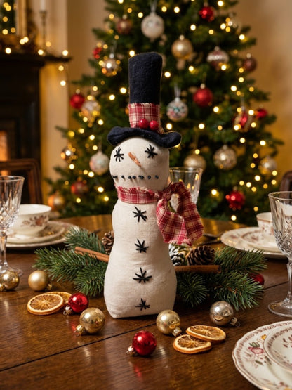 Primitive Handcrafted USA Christmas 10” Top Hat Snowman Stump Doll