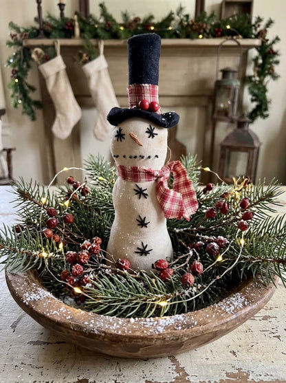 Primitive Handcrafted USA Christmas 10” Top Hat Snowman Stump Doll