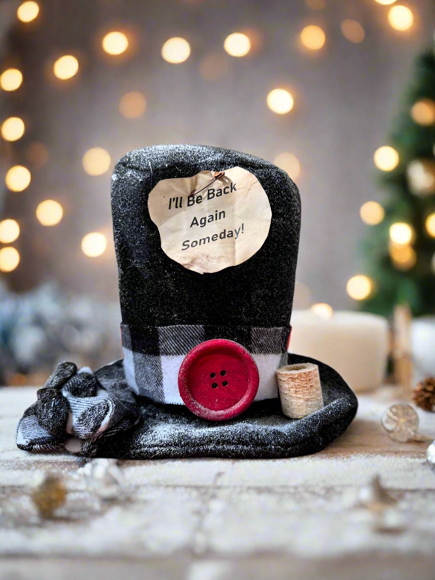 Handcrafted Christmas Black Check Frosty The Snowman Top Hat w/ Pipe and Mittens - The Primitive Pineapple Collection