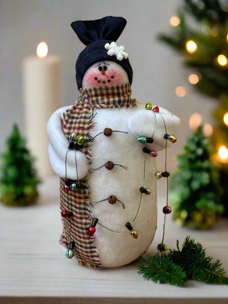 Primitive White Handmade Blue Deck the Halls 8.75&quot; Snowman w/ Christmas Lights