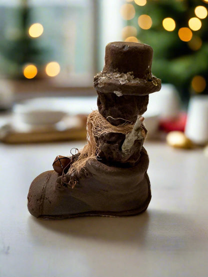 Primitive Handcrafted Christmas Blackened Beeswax Snowman in Shoe