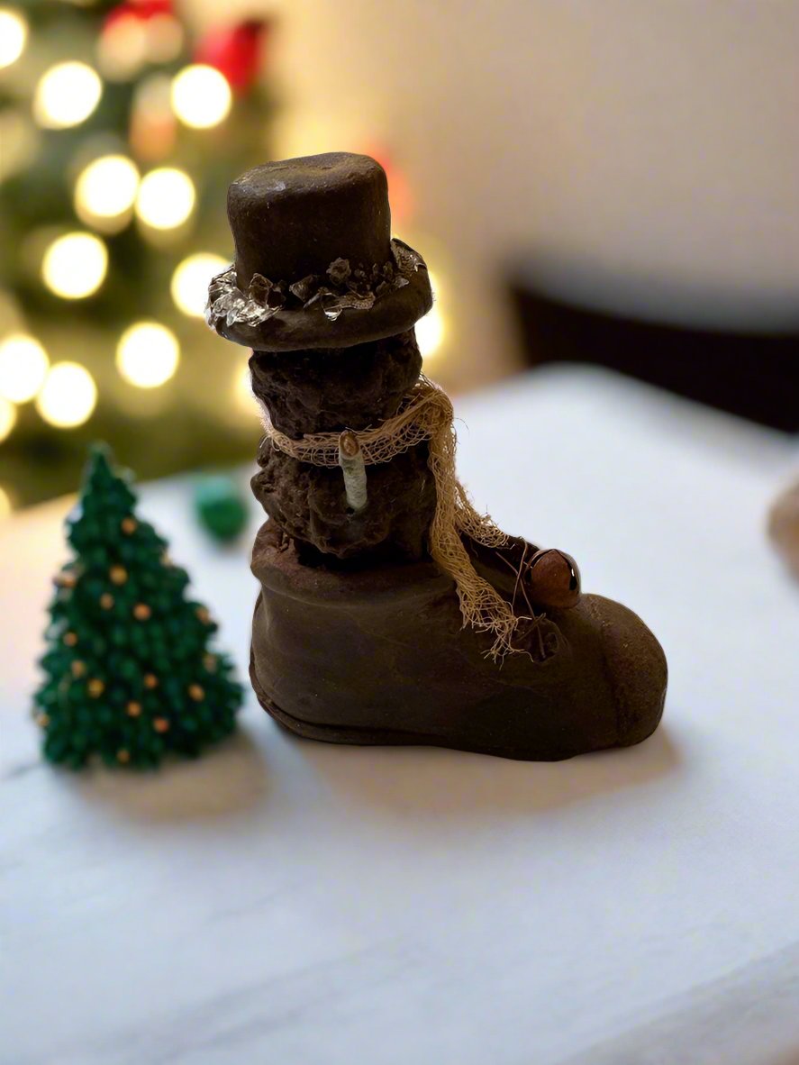 Primitive Handcrafted Christmas Blackened Beeswax Snowman in Shoe