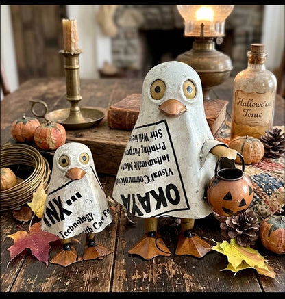 Primitive Halloween Recycled Metal Baby Boo Duck Figurine