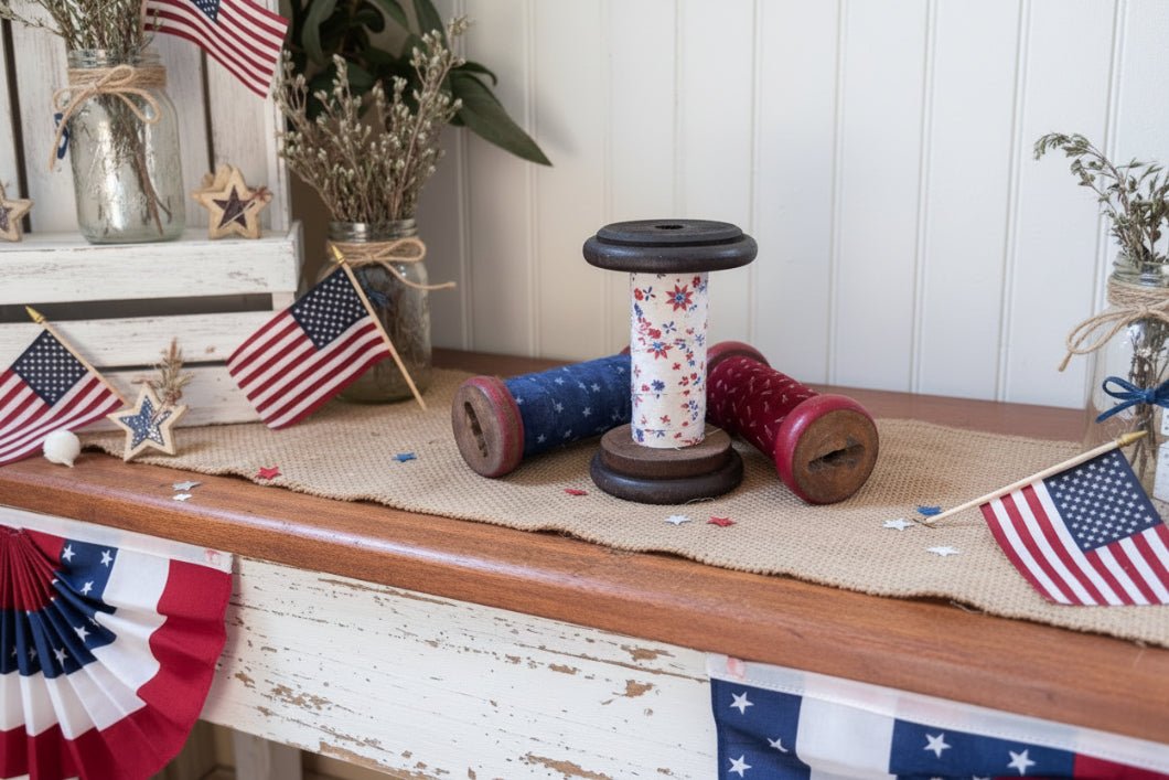 Primitive Americana Vintage Wooden Spools - Repurposed Fabric Wrap, 2 Sizes - The Primitive Pineapple Collection