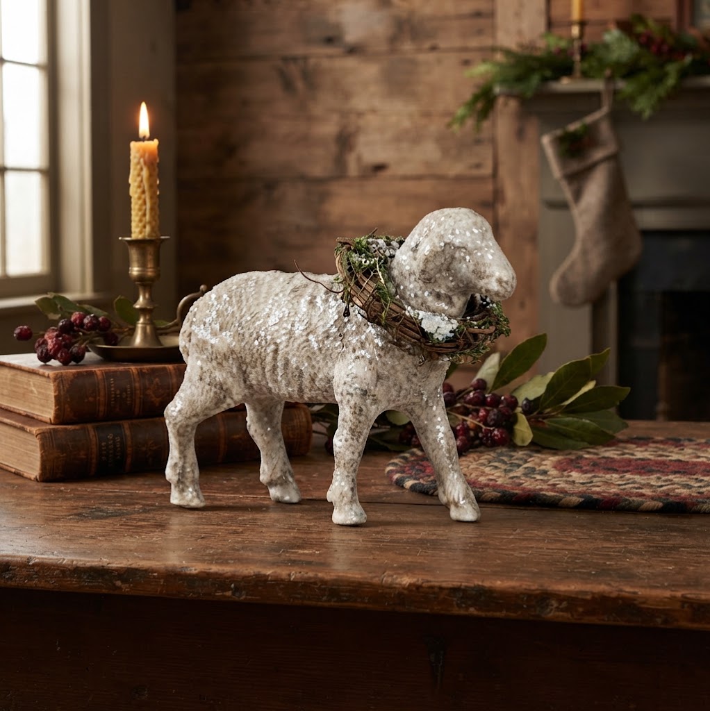 Ragon House Standing Sheep with Grapevine Wreath 5.25"