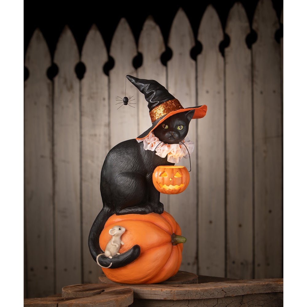 Bethany Lowe Halloween Cat Witch on Pumpkin TD4155 - The Primitive Pineapple Collection