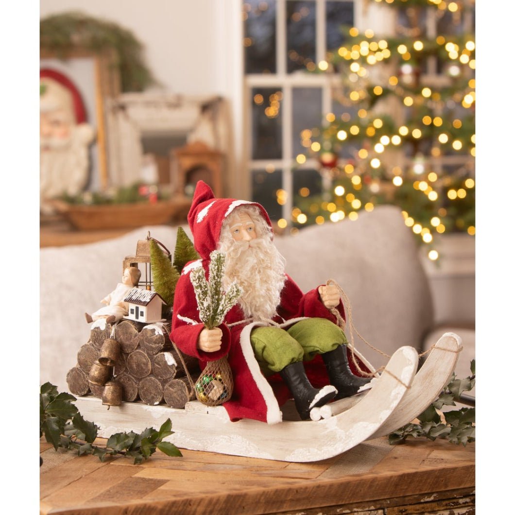 Bethany Lowe Christmas Santa on Log Sled TD4181 - The Primitive Pineapple Collection