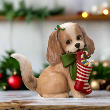 Bethany Lowe Christmas Frankie Puppy with Stocking TD4198 - The Primitive Pineapple Collection
