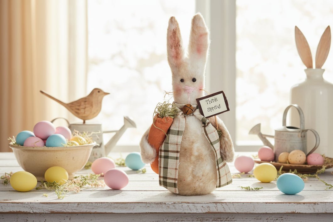 Primitive Farmhouse Easter Think Spring Thyme Bunny Rabbit Stump Doll 8" - The Primitive Pineapple Collection