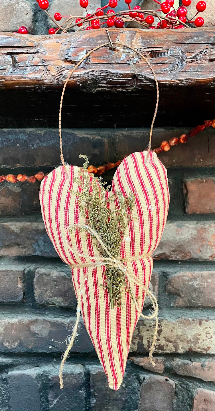 Primitive Colonial Handcrafted Hanging Red Ticking Fabric Heart Sweet Annie