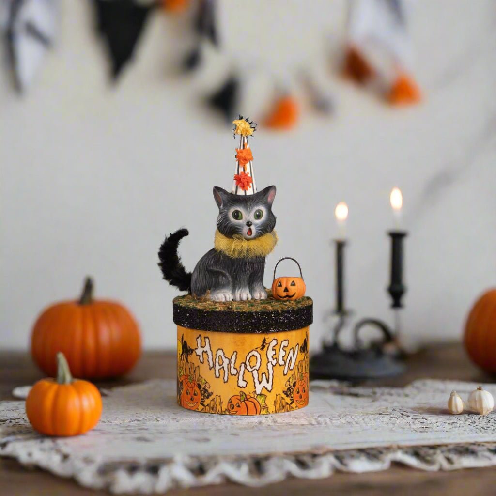 Bethany Lowe Halloween Cecil Cat On Box TL4355 - The Primitive Pineapple Collection