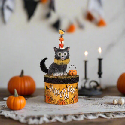 Bethany Lowe Halloween Cecil Cat On Box TL4355 - The Primitive Pineapple Collection
