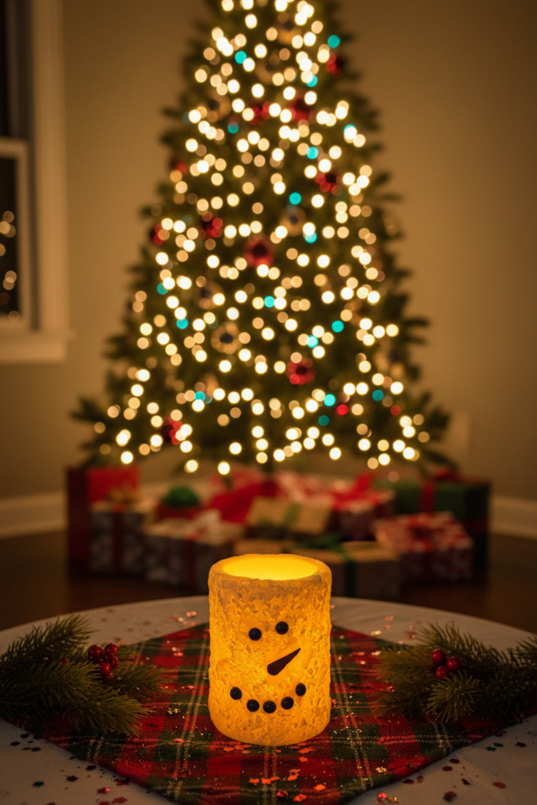 Christmas Short White Snowman LED Pillar with Timer Candle