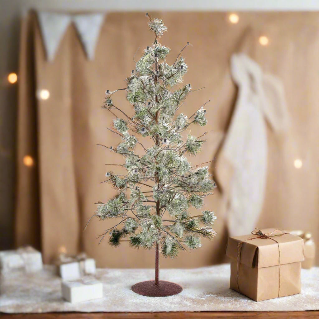 Christmas Farmhouse Rustic 24 Inch Green Glittered Tree w/Silver Beads