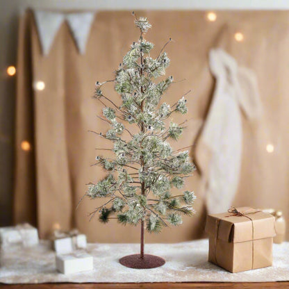 Christmas Farmhouse Rustic 24 Inch Green Glittered Tree w/Silver Beads