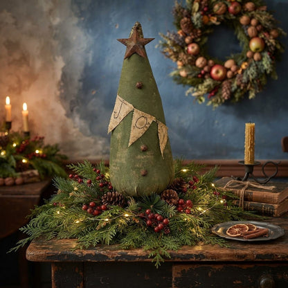 Primitive JOY Fabric Christmas Tree – 17" Handcrafted Folk Art - The Primitive Pineapple Collection