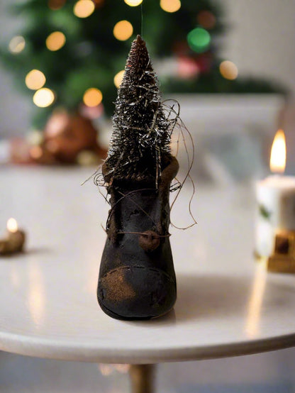 Primitive Handcrafted Christmas Blackened Beeswax Shoe w/ Bottle Brush Tree/Tinsel