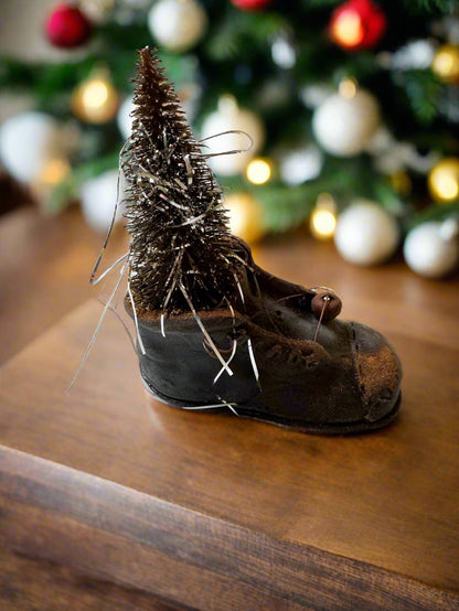 Primitive Handcrafted Christmas Blackened Beeswax Shoe w/ Bottle Brush Tree/Tinsel