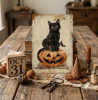 Primitive Halloween Black Cat on Jack O Lantern 12x8 Metal Sign